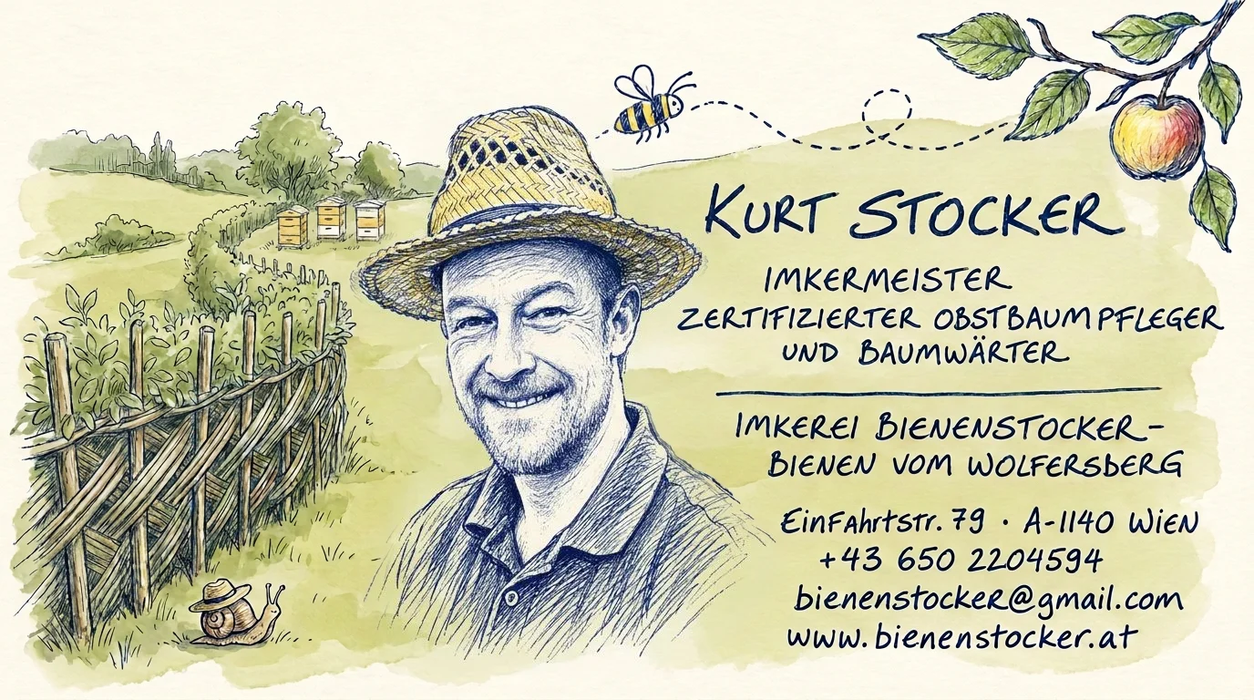 Handgezeichnete Zeichnung von Kurt Stocker im Strohhut mit gelegter Hecke, drei Bienenstöcken, Biene, Apfelzweig und Schnecke. Im Querformat stehen Name, Berufsbezeichnungen und Kontaktdaten rechts, im Hochformat untereinander. Dieselben Angaben stehen unter der Zeichnung auch als Text zur Verfügung.